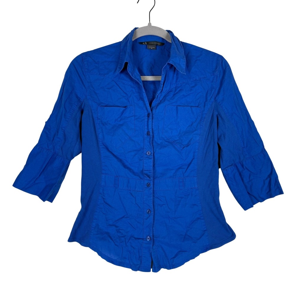 Armani Exchange Shirt Womens Medium Blue Button Front 3/4 Sleeve Stretch Top